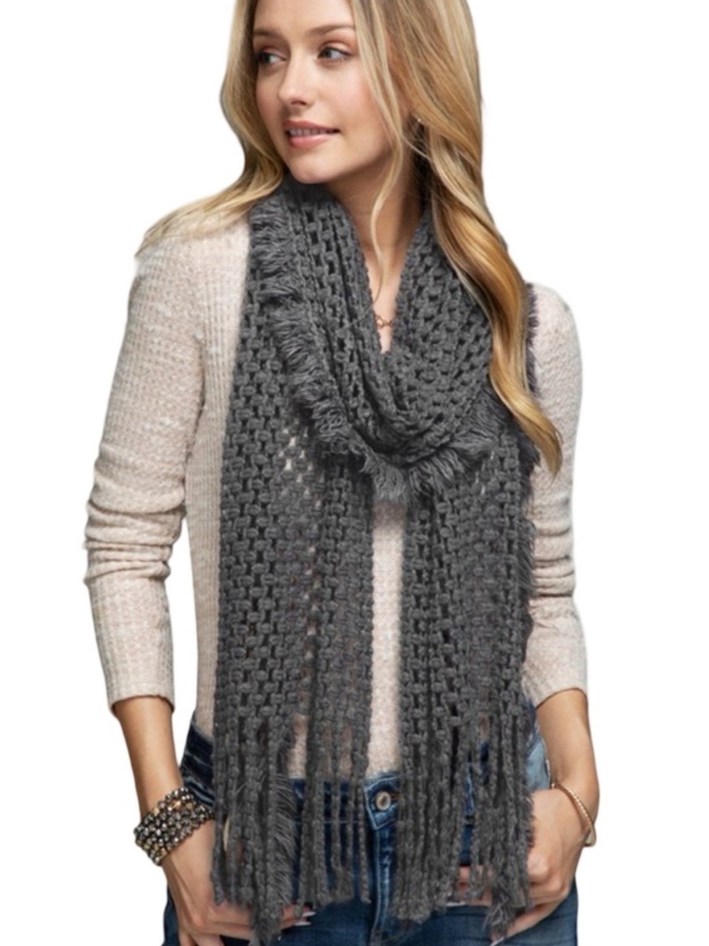 NWT Gray Soft Net Scarf With Fringe Frayed Accent